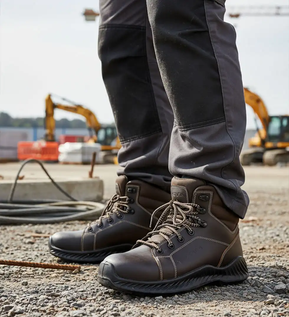 scarpa antinfortunistica gtx 36 high indossata con jeans in un cantiere