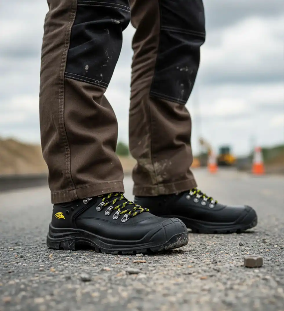 PB1C BLACK LOW Scarpa antinfortunistica Bassa BASES in pelle indossata in un cantiere edile