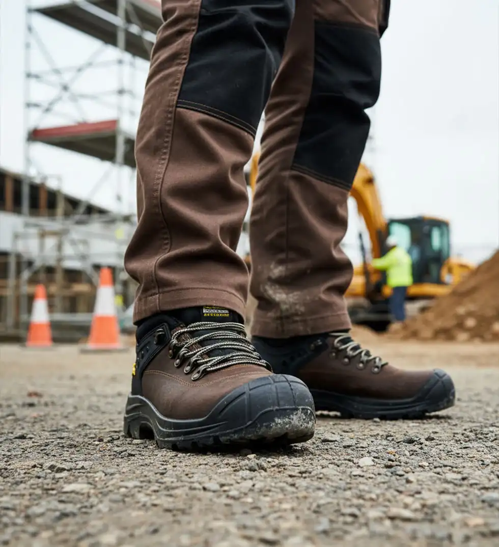 PB1C BROWN LOW Scarpa antinfortunistica Bassa marrone con logo giallo indossate in cantiere esterno